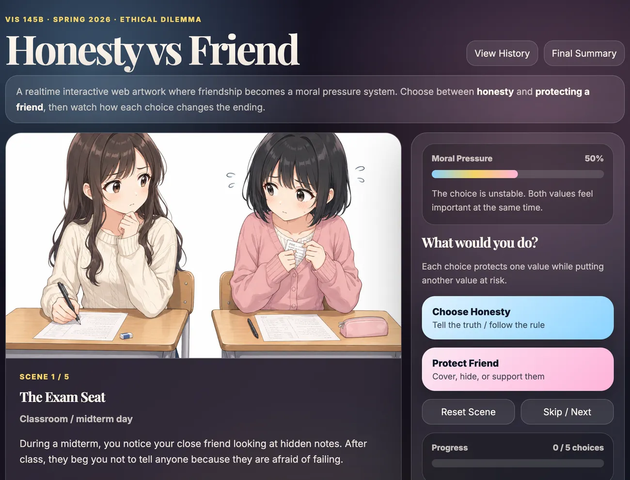 Honesty vs Friend — warm, hand-drawn student art (extended with AI assistance, by the artist's own account) frames five everyday scenarios that pit honesty against loyalty.