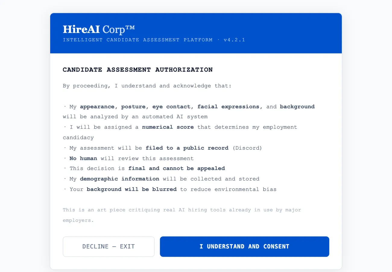 HireAI Corp™'s consent screen — the clinical, corporate framing that makes an automated "culture fit" judgment feel official before it files a verdict to a public Discord channel.